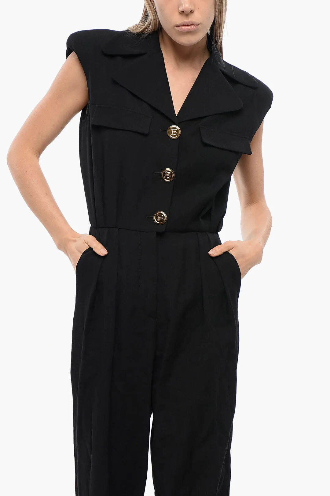 Balmain Sleeveless Pleated Jumpsuit