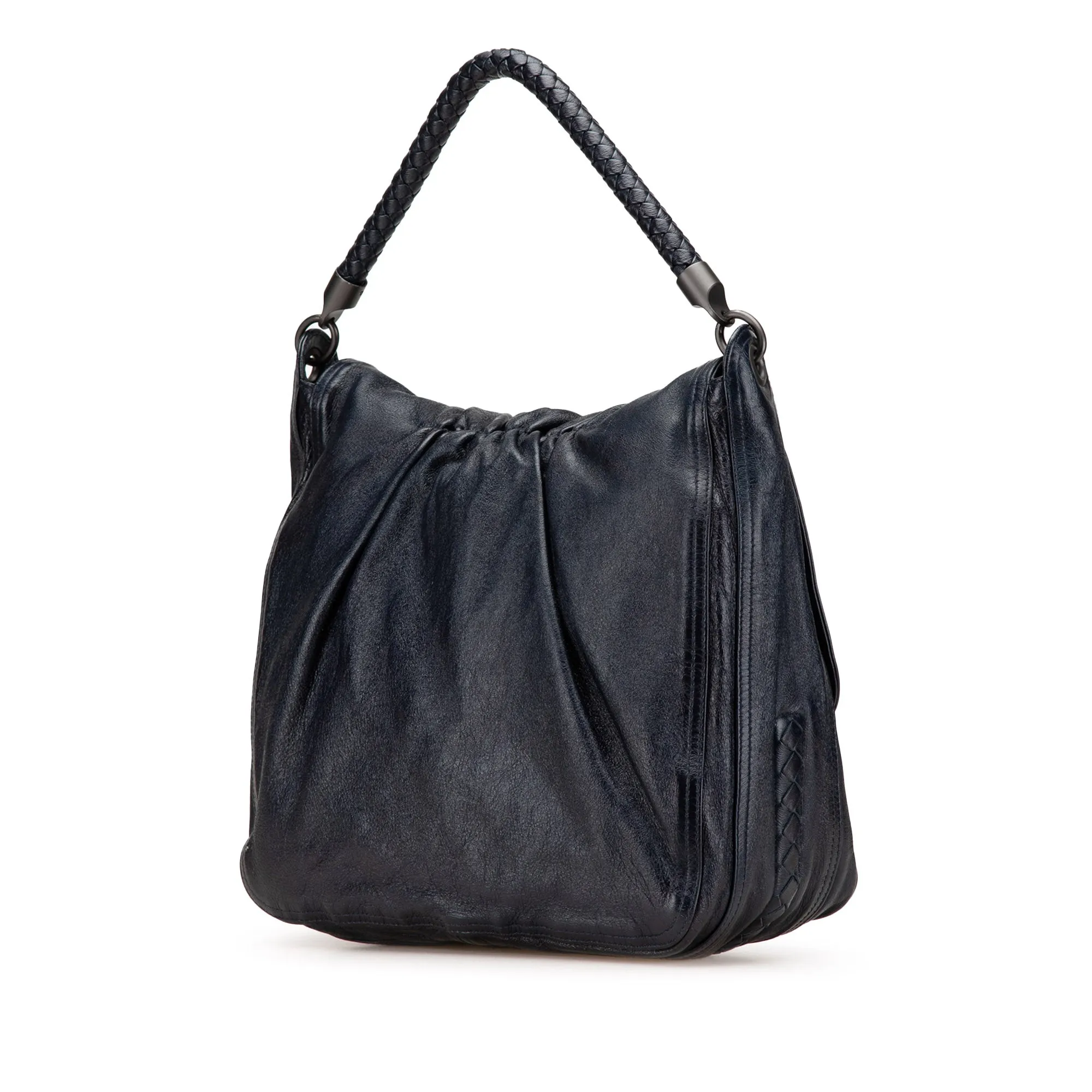 Bottega Veneta Intrecciato Trimmed Leather Top Handle Bag Blue