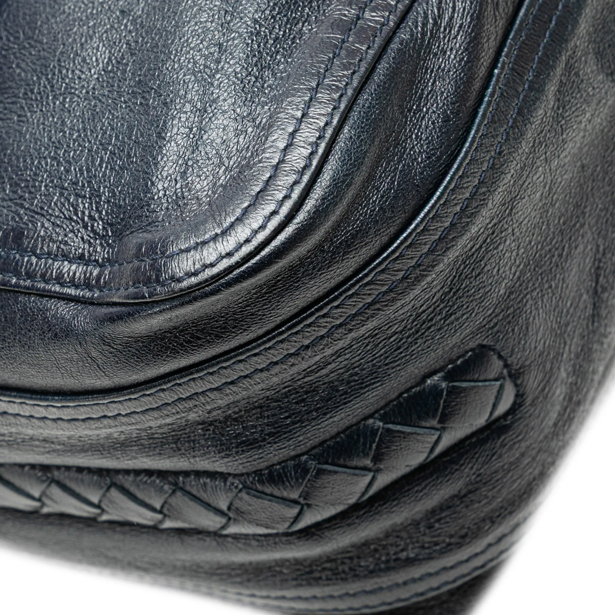 Bottega Veneta Intrecciato Trimmed Leather Top Handle Bag Blue