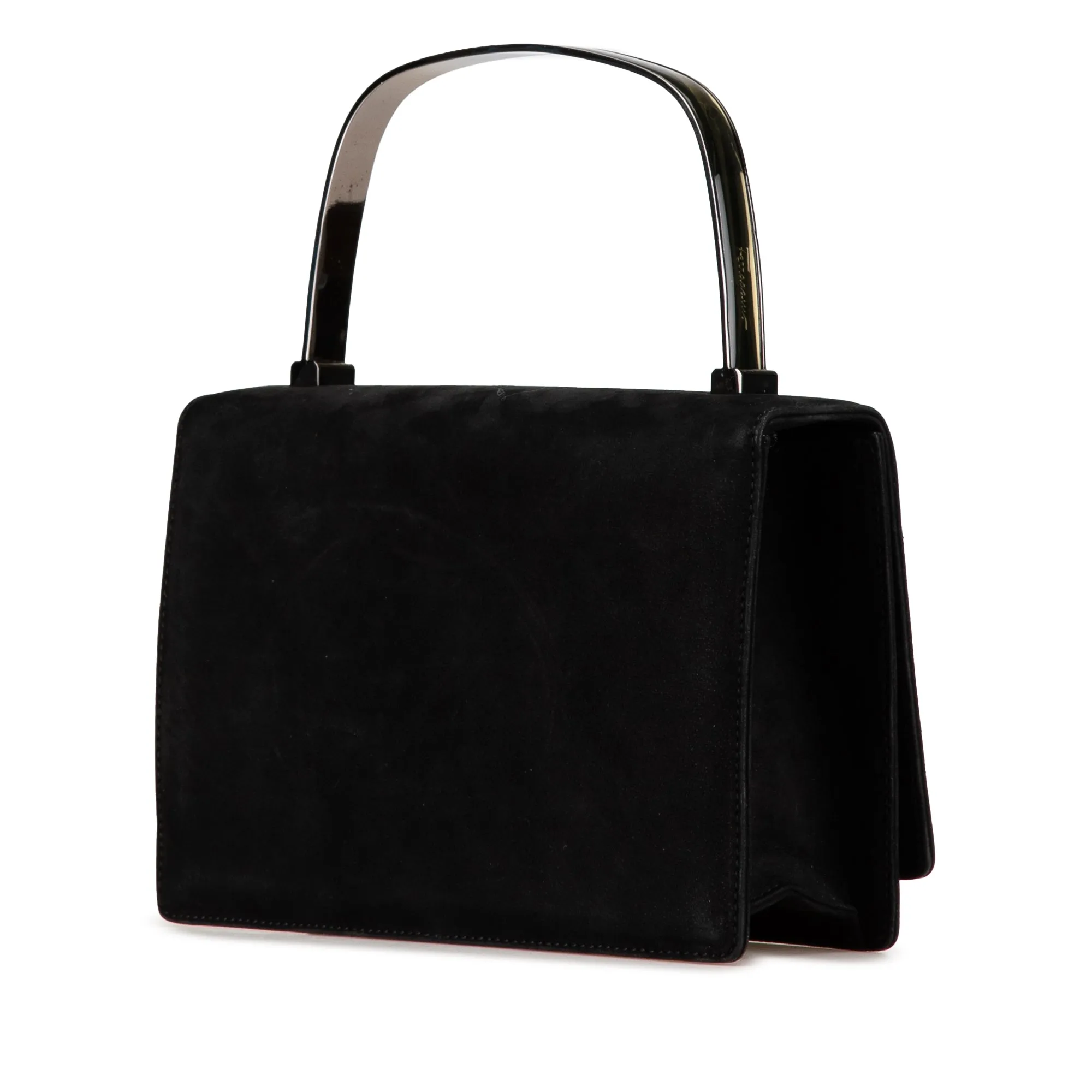 Ferragamo Suede Metal Top Handle Bag Black