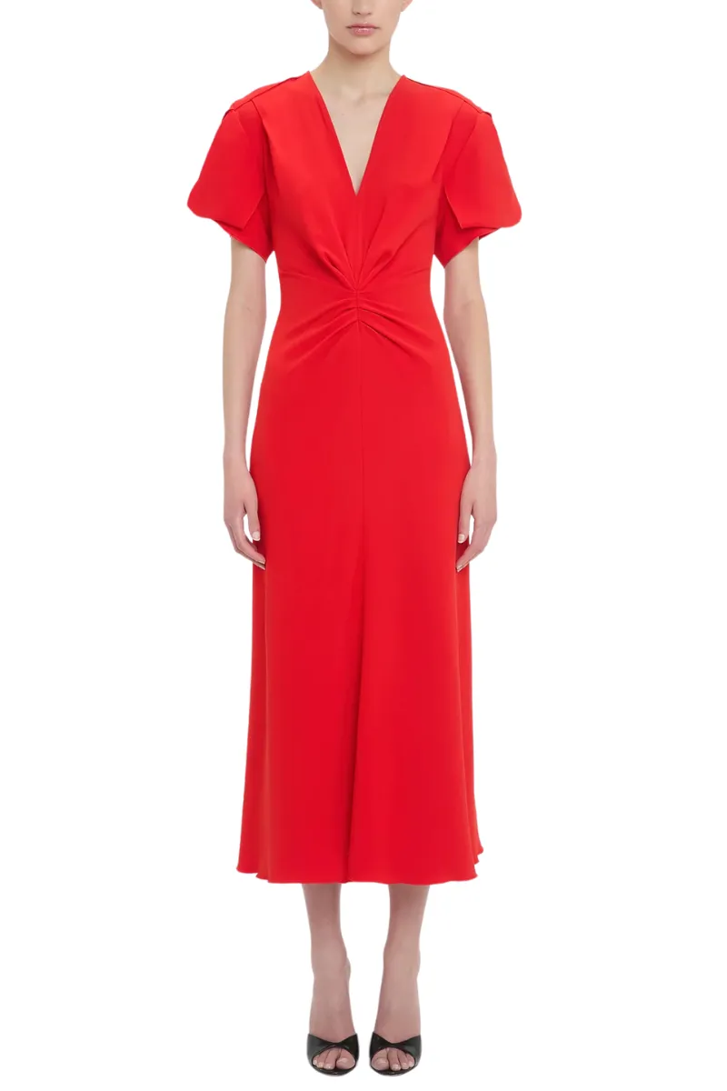 Gathered V-Neck Midi Dress