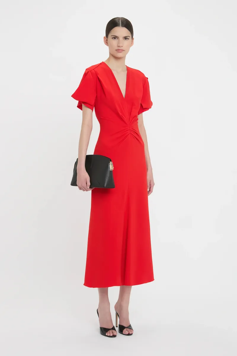 Gathered V-Neck Midi Dress