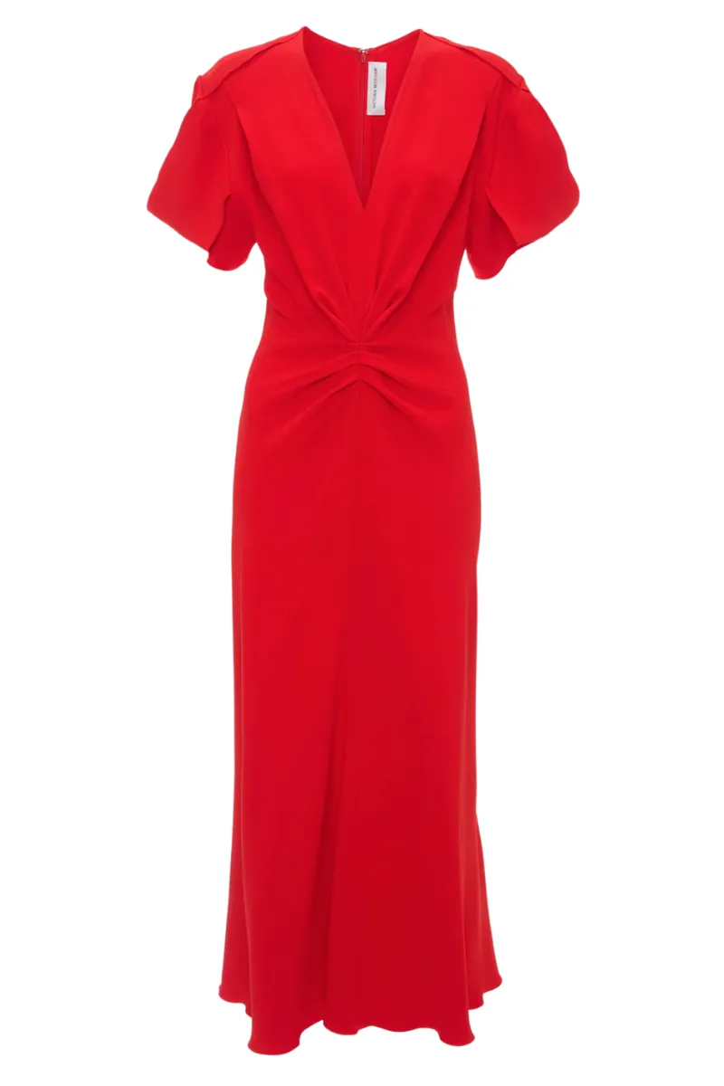 Gathered V-Neck Midi Dress