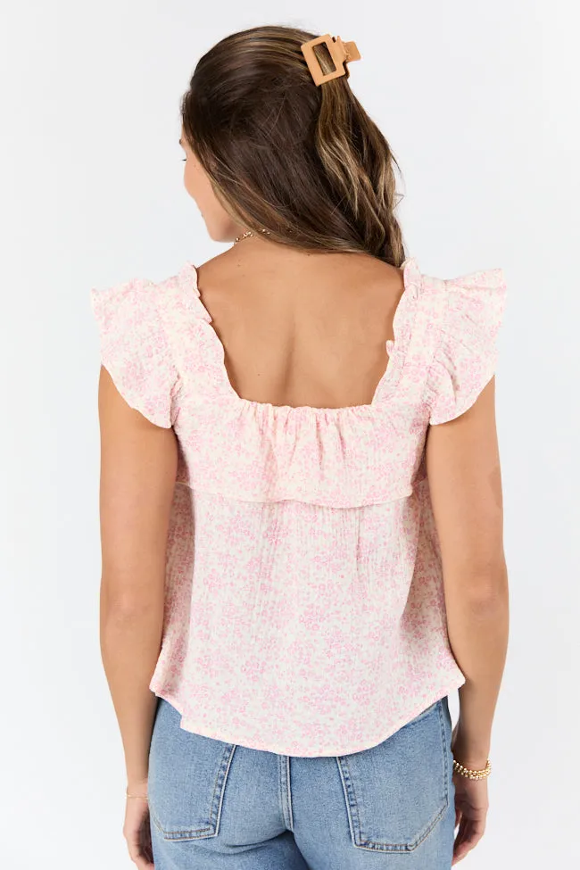 Island Beauty Ivory and Pink Floral Print Gauze Tank