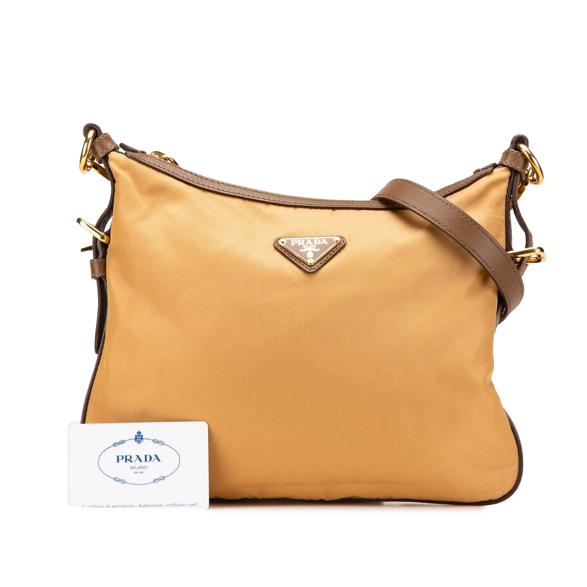 Prada Saffiano Trimmed Tessuto Zip Top Crossbody Brown