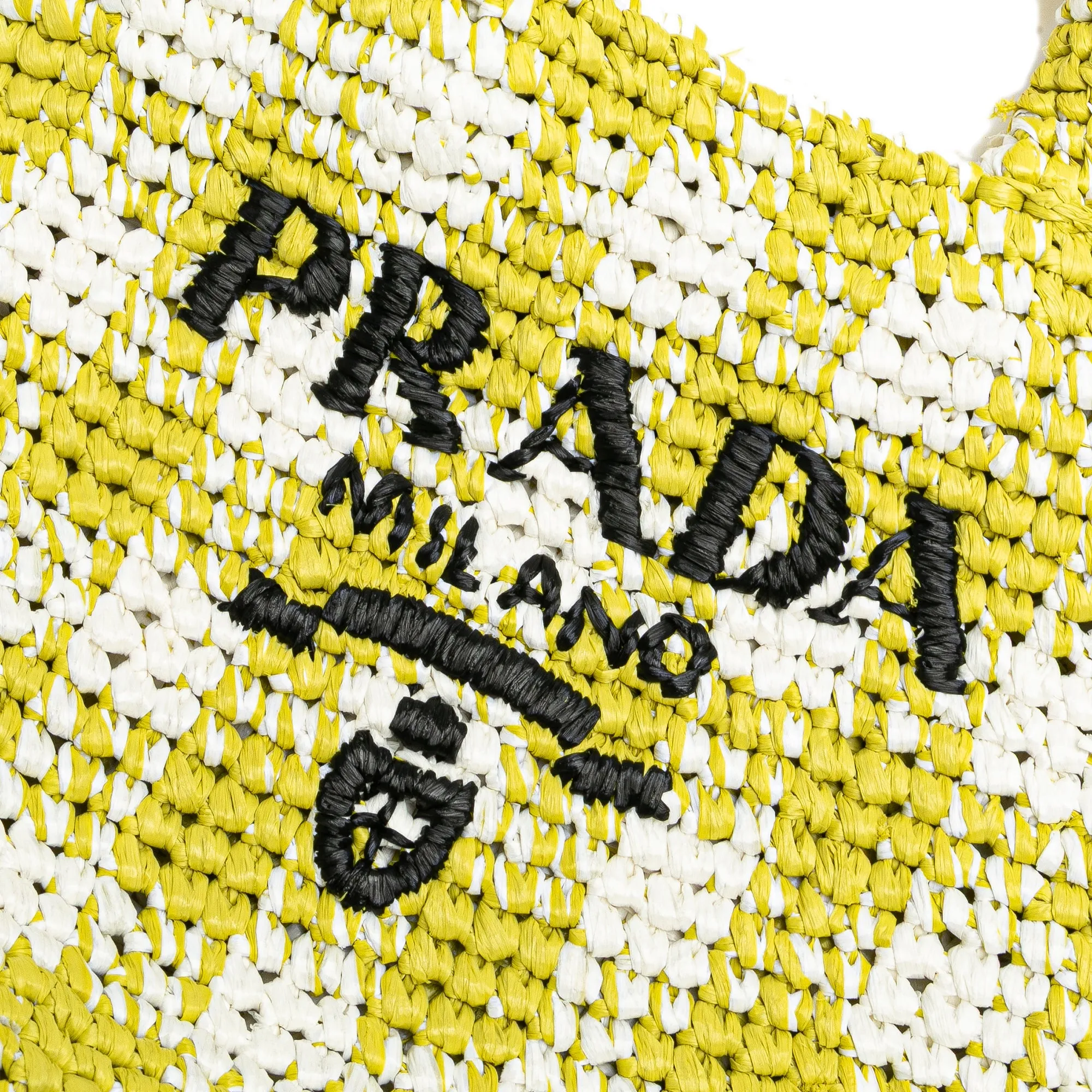 Prada Small Raffia Effect Crochet Embroidered Logo Tote Yellow