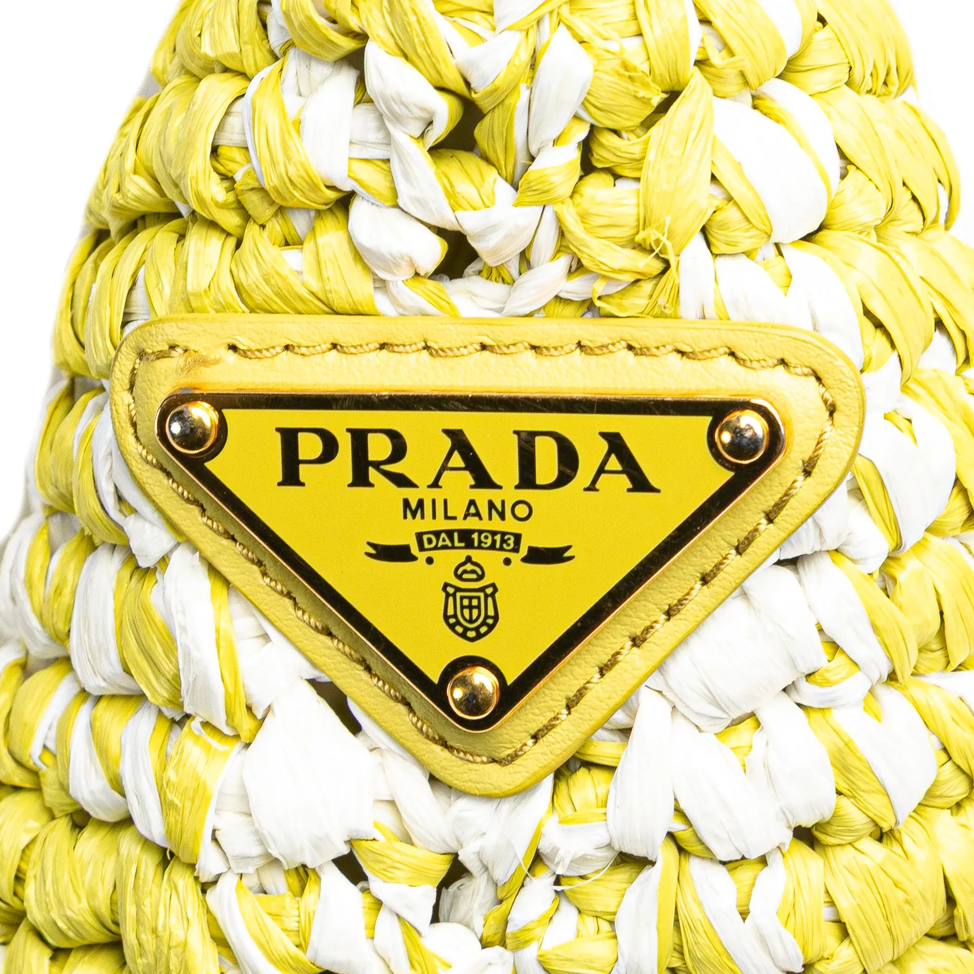 Prada Small Raffia Effect Crochet Embroidered Logo Tote Yellow