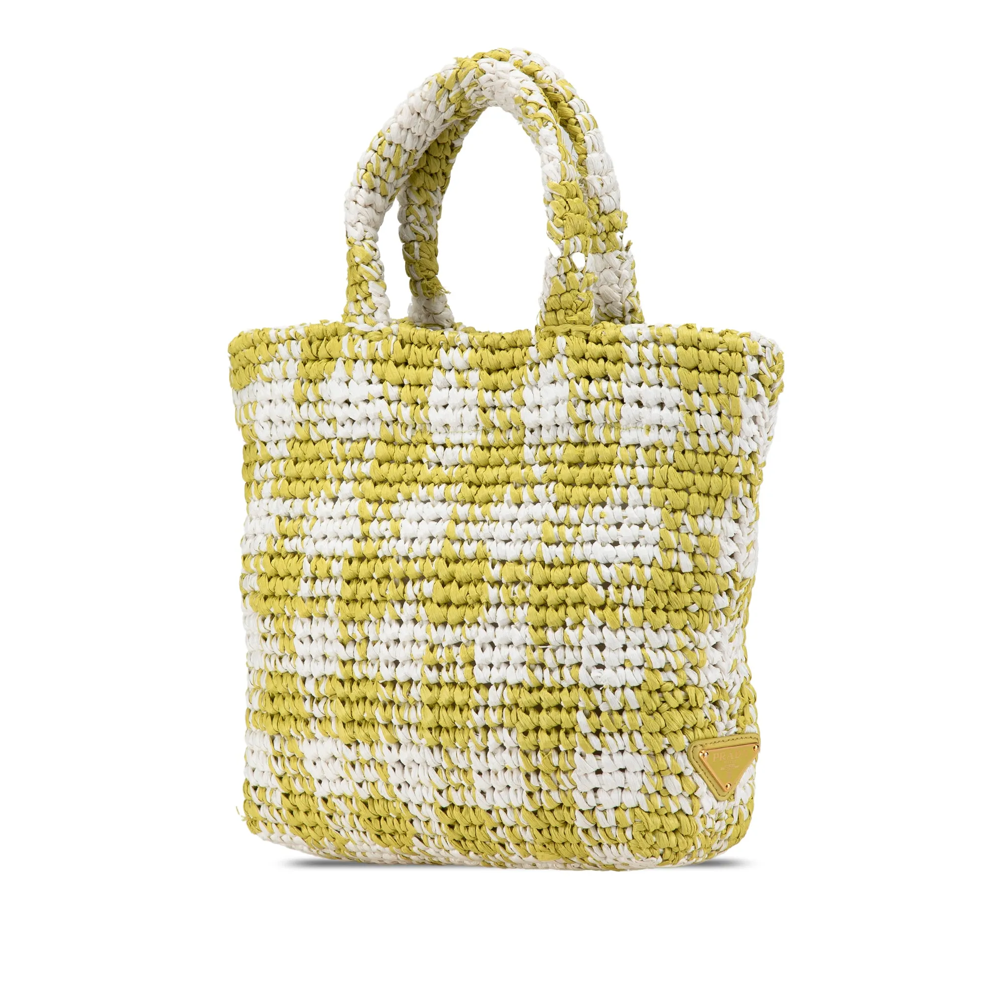 Prada Small Raffia Effect Crochet Embroidered Logo Tote Yellow