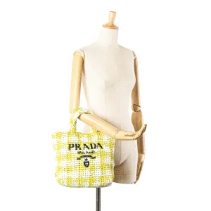 Prada Small Raffia Effect Crochet Embroidered Logo Tote Yellow