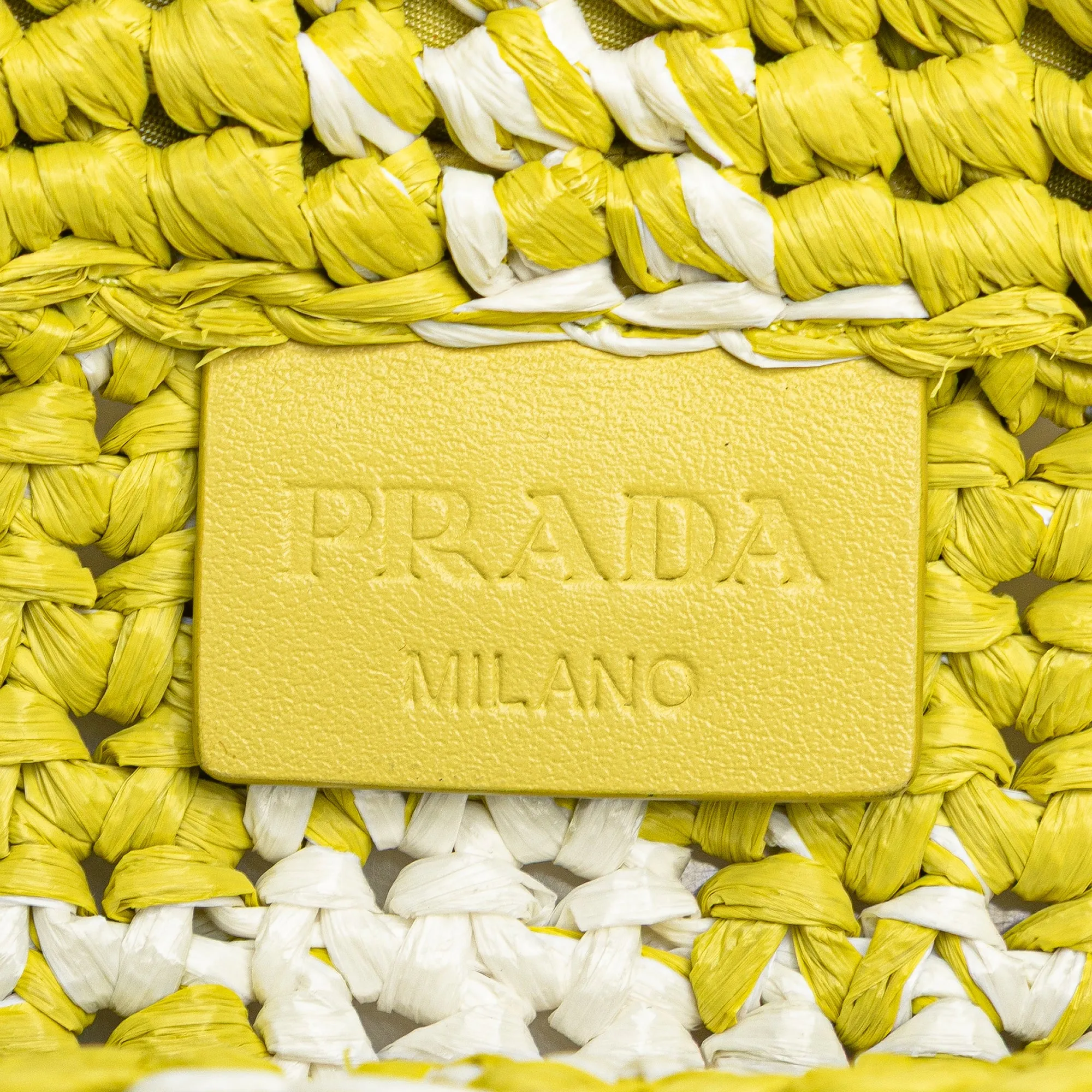 Prada Small Raffia Effect Crochet Embroidered Logo Tote Yellow