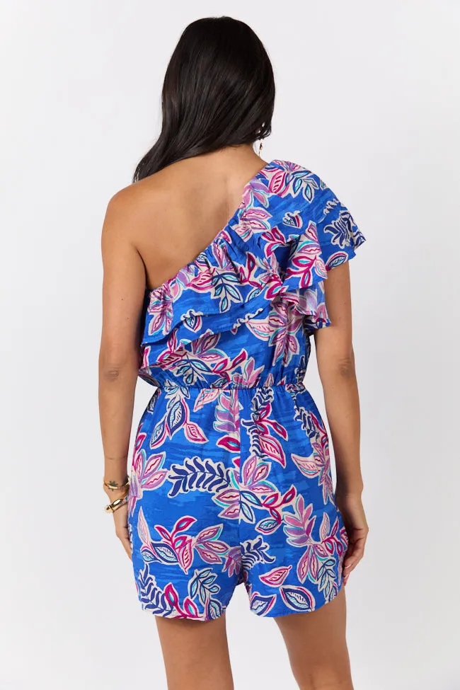 Radiating Beauty Blue Multi One Shoulder Ruffle Romper SALE
