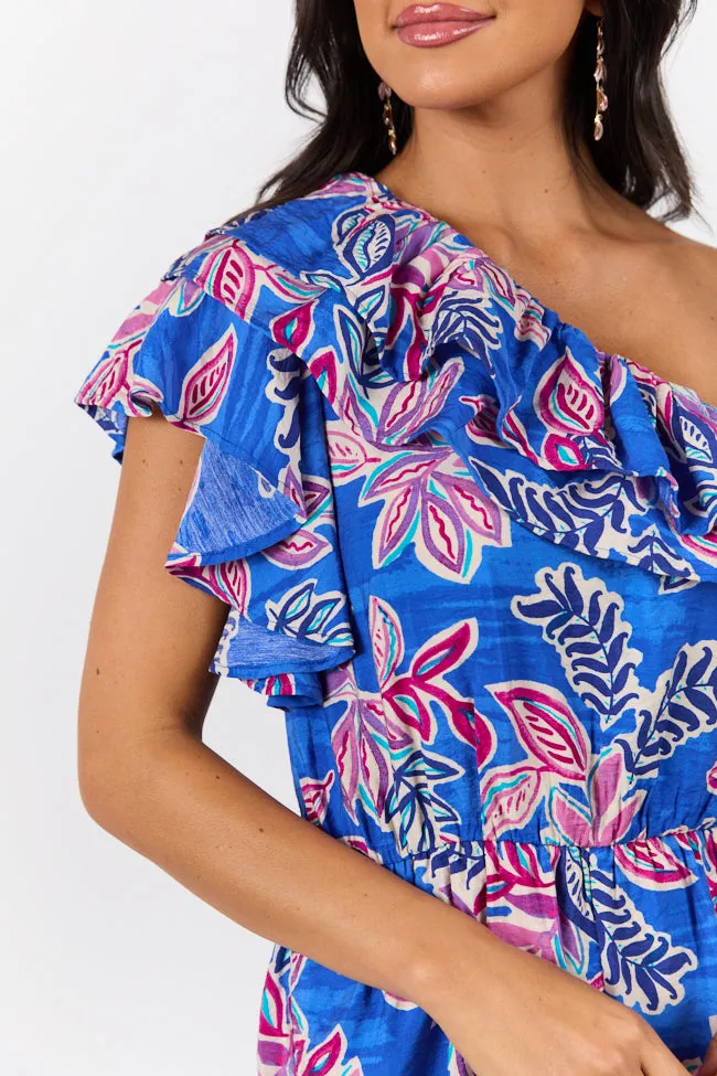 Radiating Beauty Blue Multi One Shoulder Ruffle Romper SALE