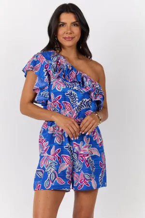 Radiating Beauty Blue Multi One Shoulder Ruffle Romper SALE