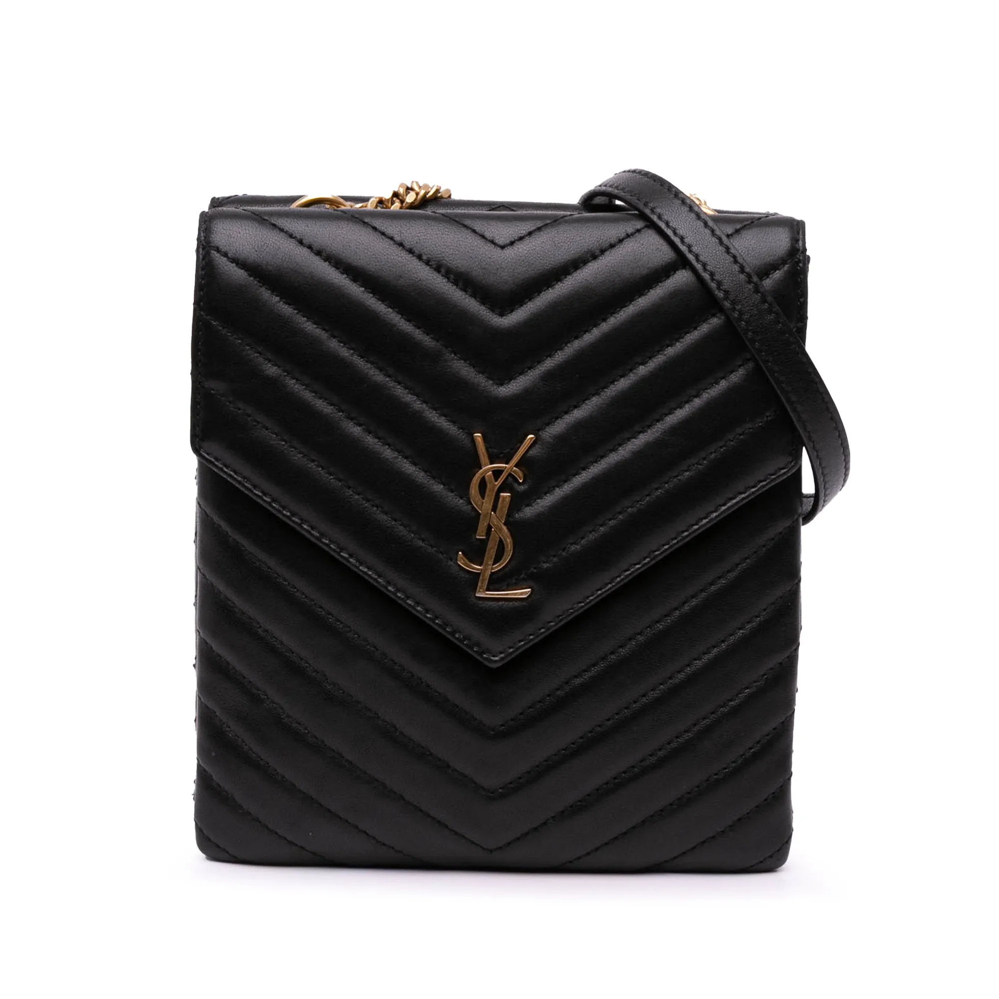 Saint Laurent Lambskin Chevron Monogram Double Flap Crossbody Black