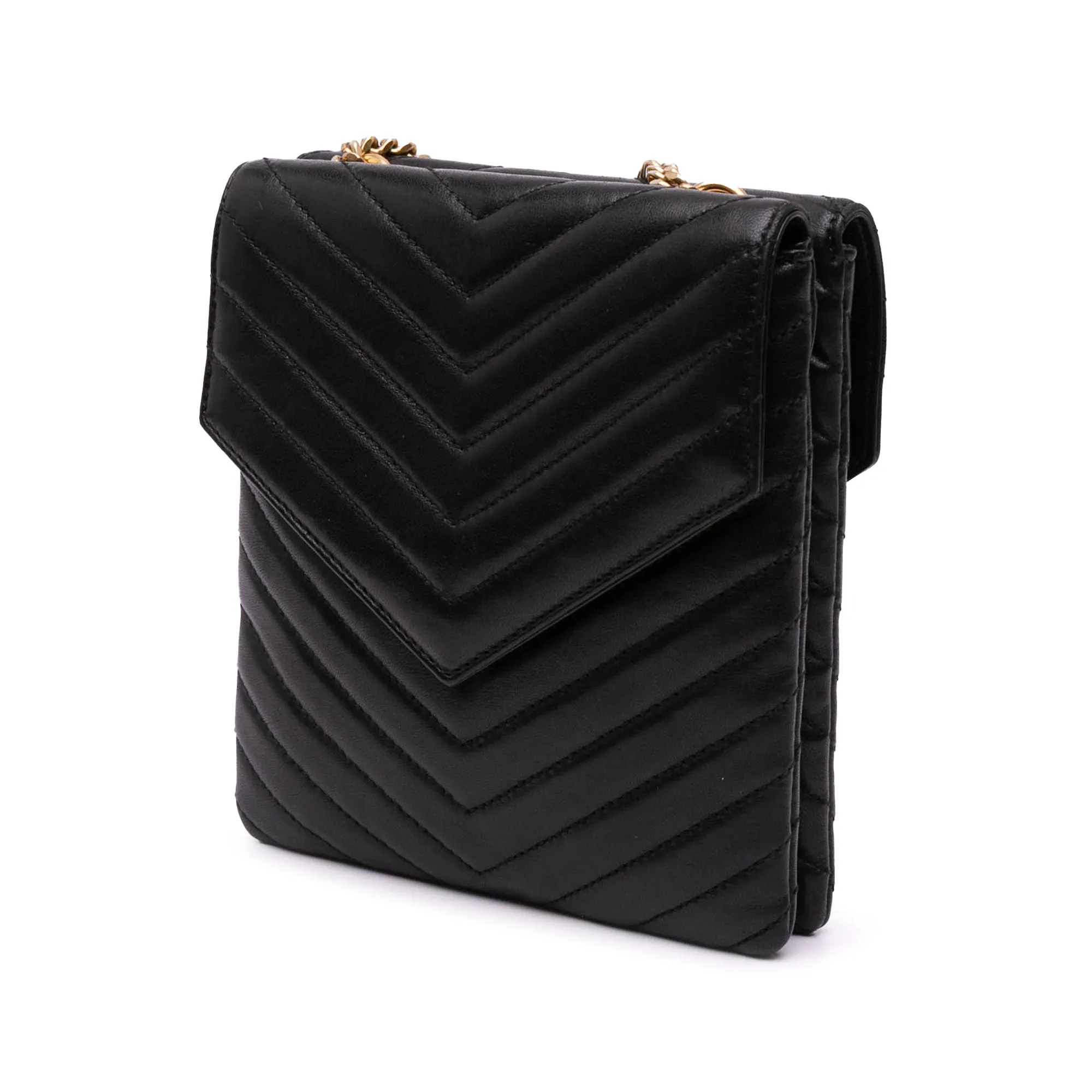 Saint Laurent Lambskin Chevron Monogram Double Flap Crossbody Black