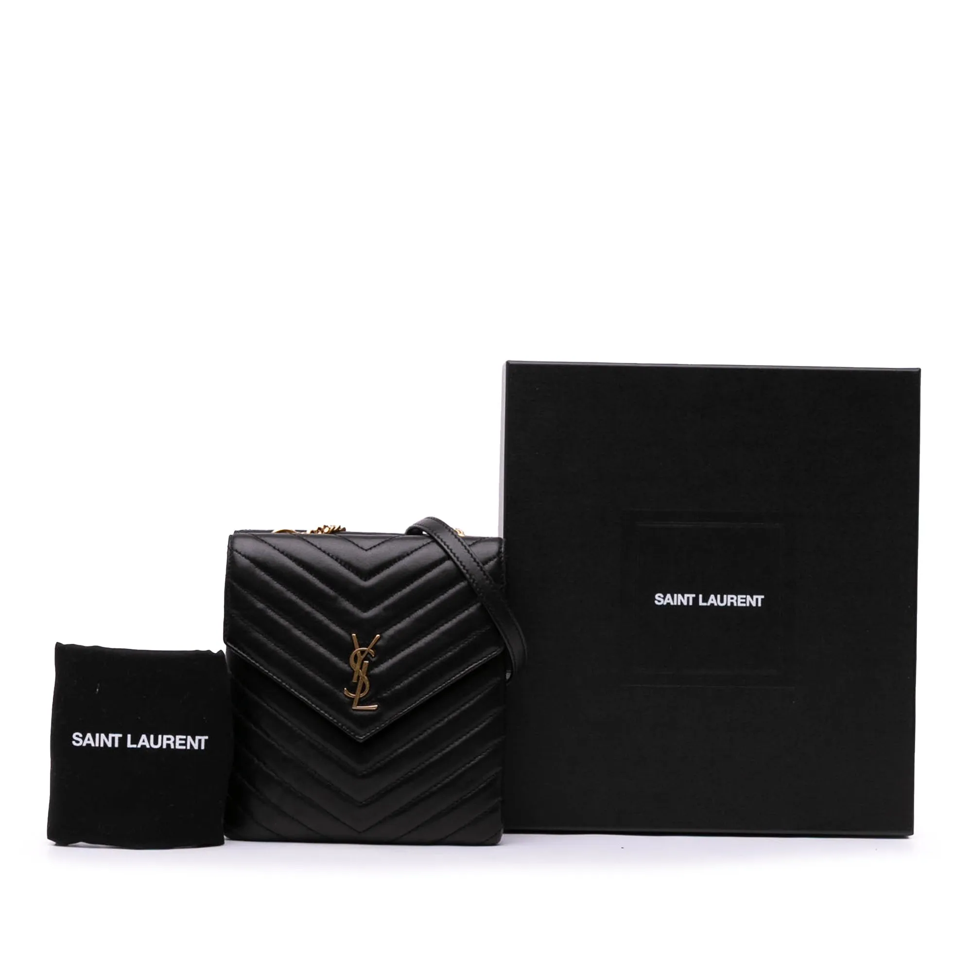 Saint Laurent Lambskin Chevron Monogram Double Flap Crossbody Black