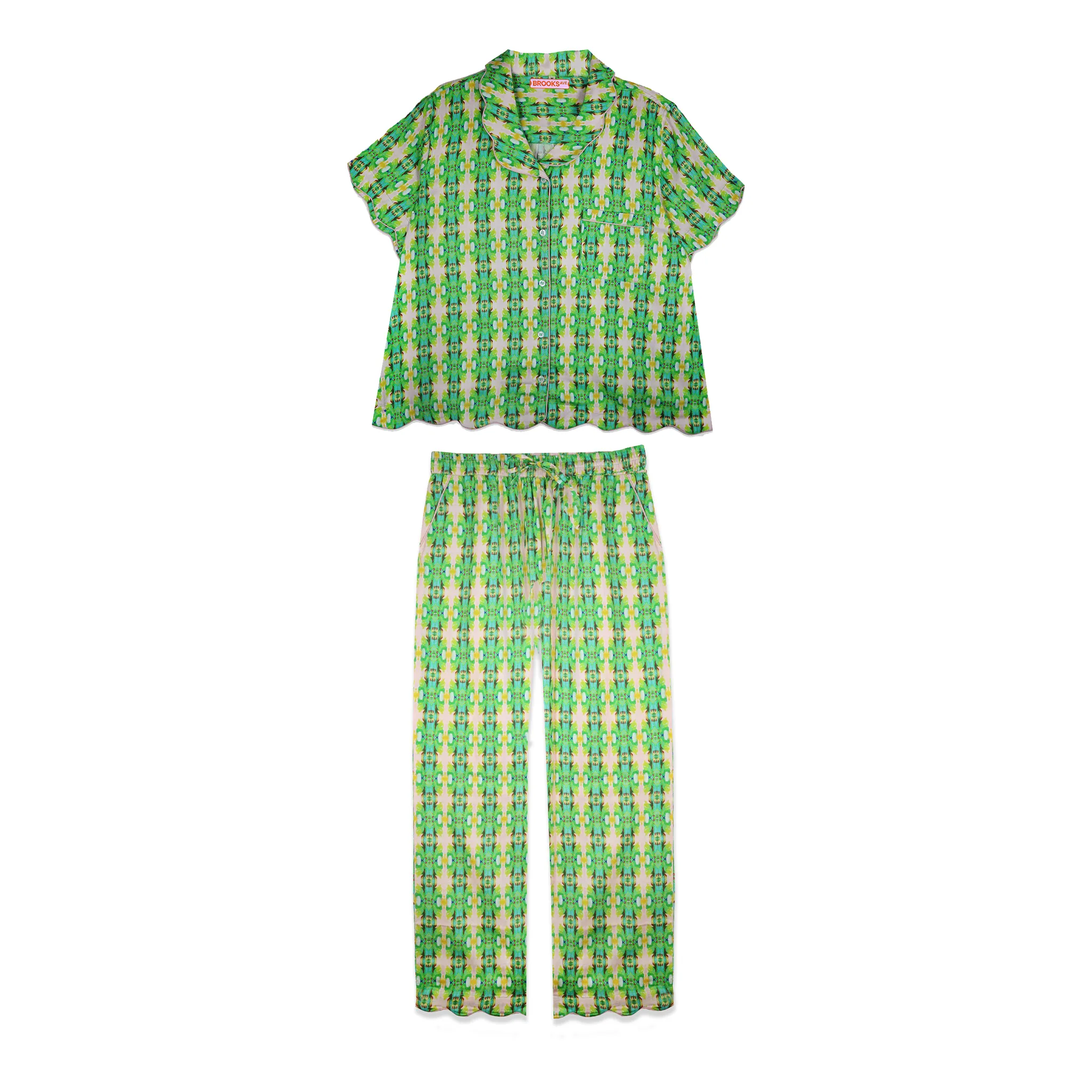 Scalloped Pajama Set Long Pant & Short Top - Flora Green