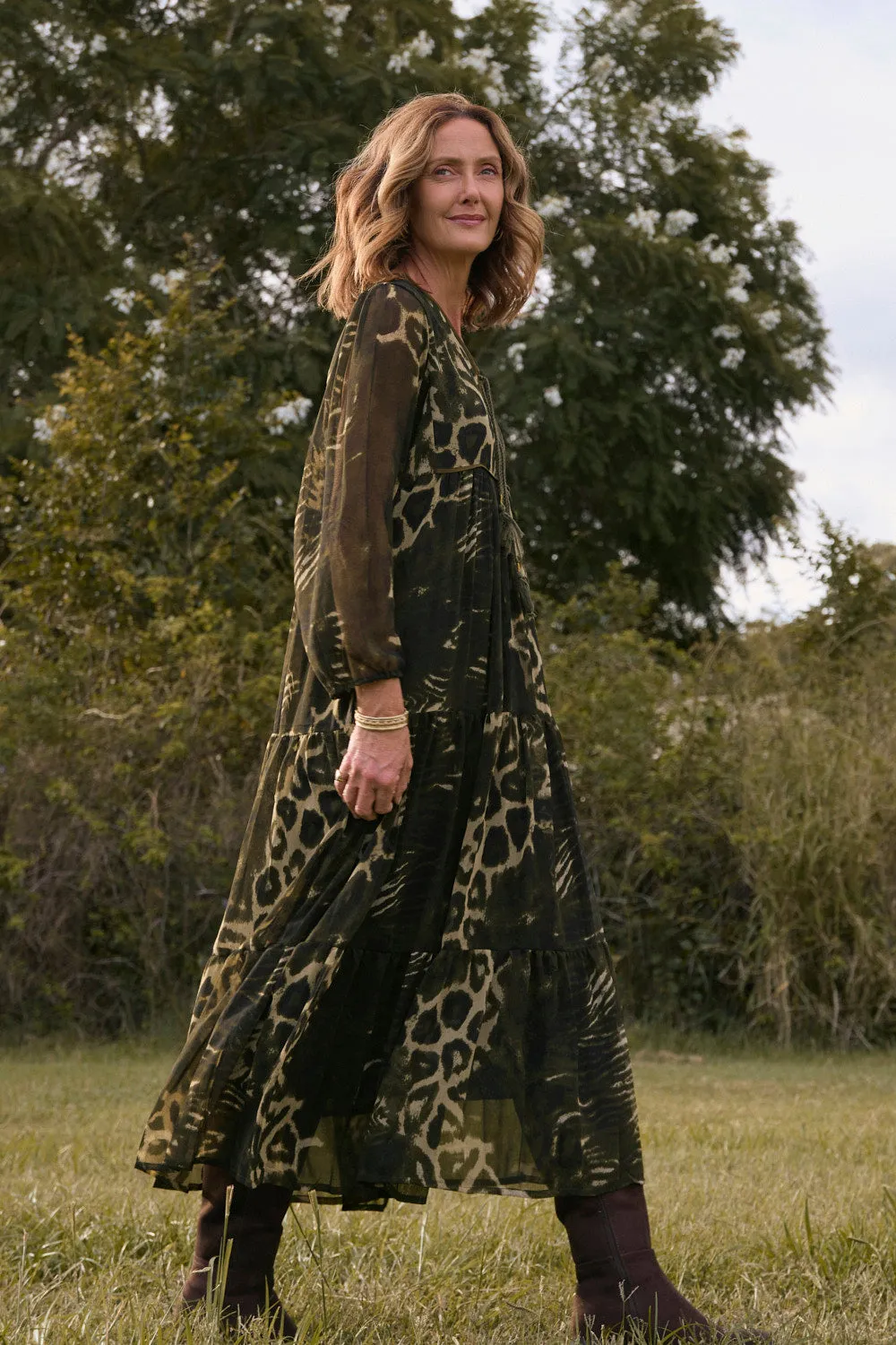 Tukdi Dress in Green Leopard Adrift