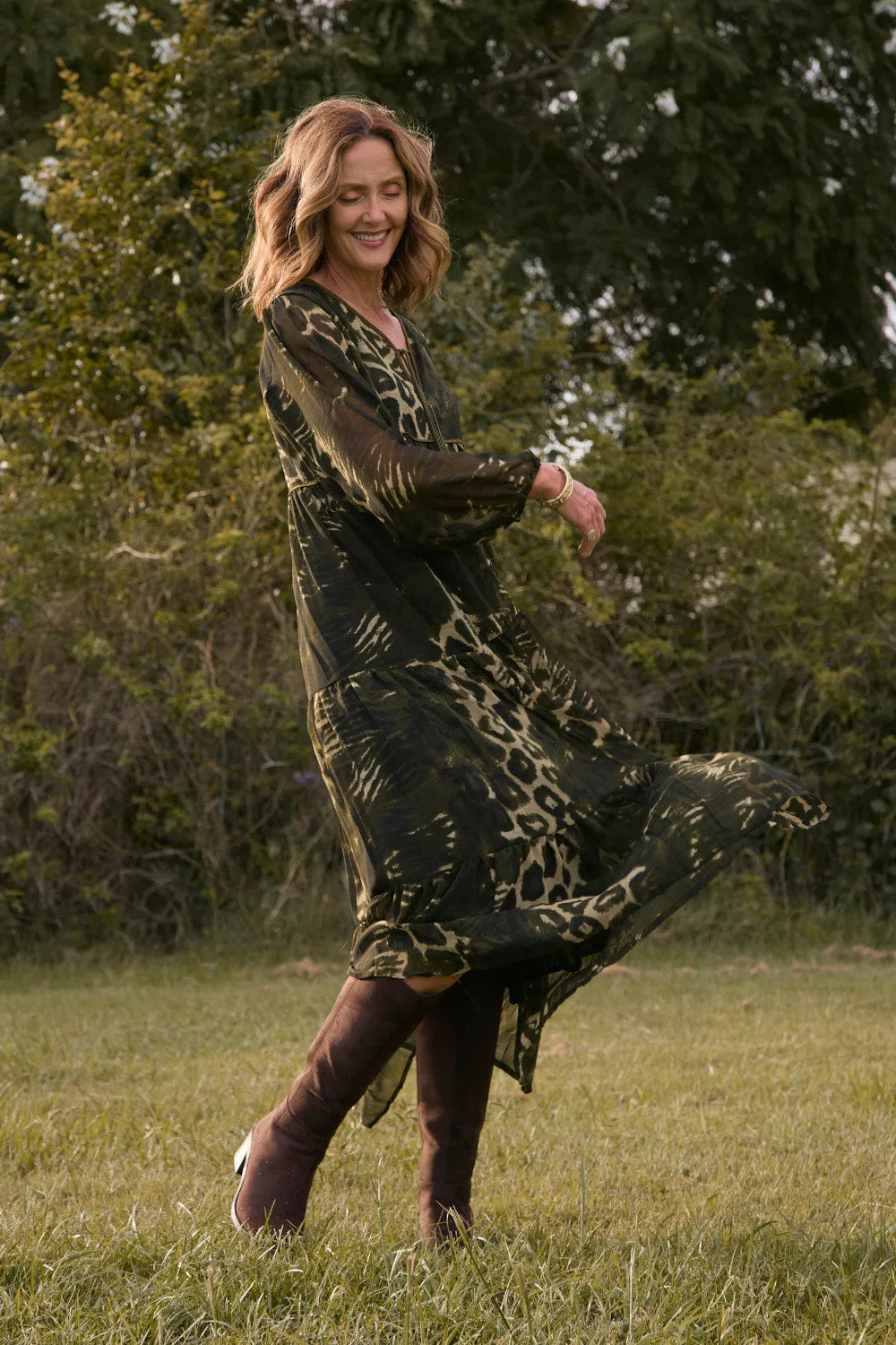 Tukdi Dress in Green Leopard Adrift