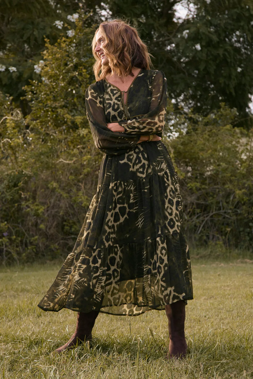Tukdi Dress in Green Leopard Adrift