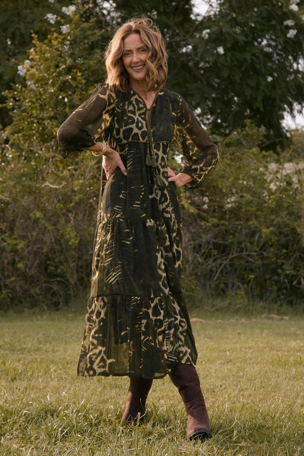 Tukdi Dress in Green Leopard Adrift