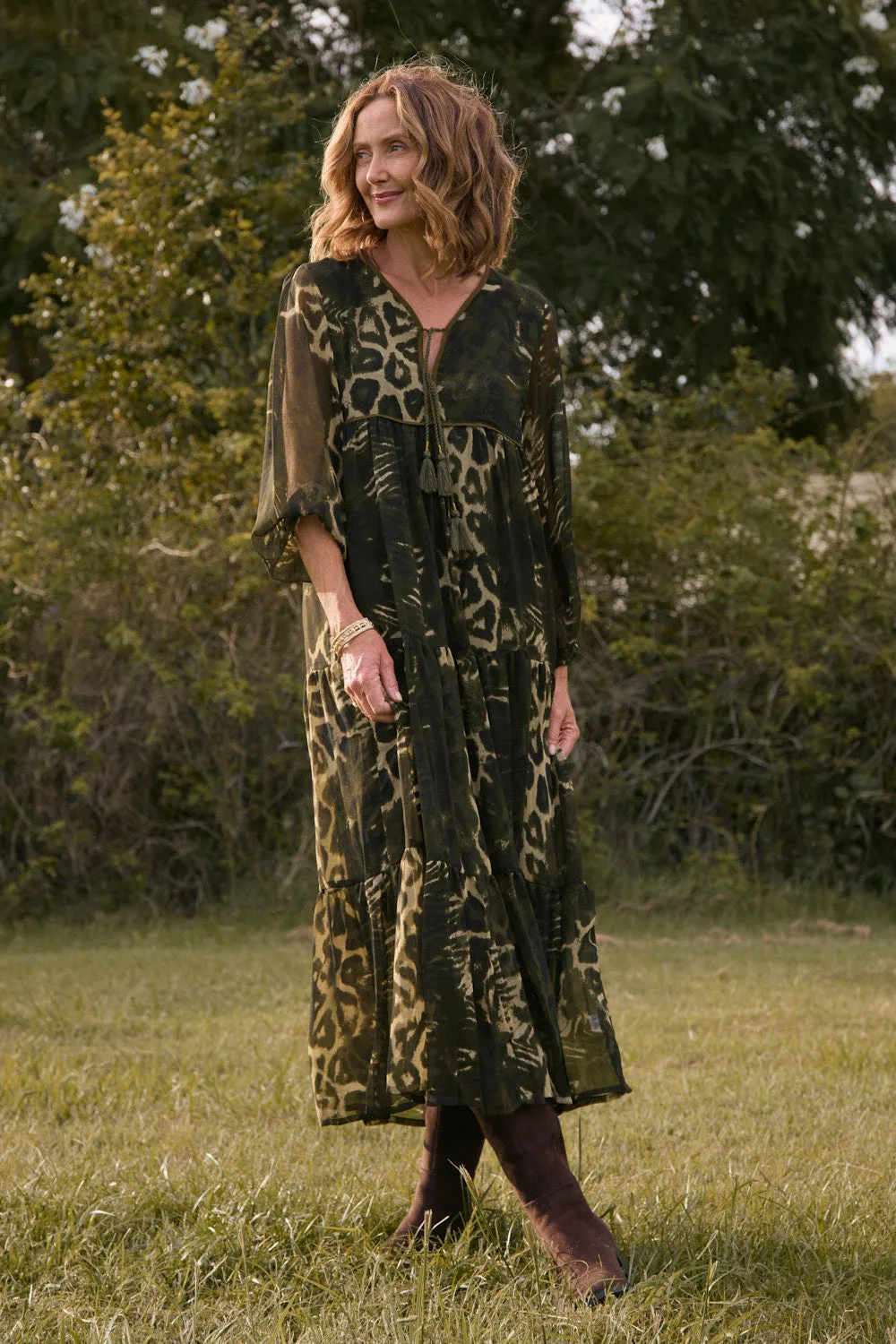 Tukdi Dress in Green Leopard Adrift