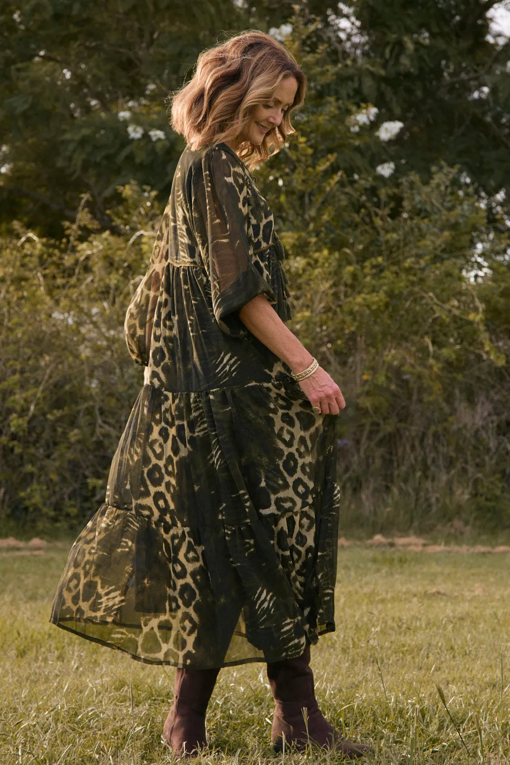 Tukdi Dress in Green Leopard Adrift