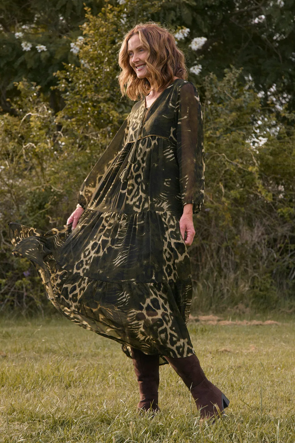 Tukdi Dress in Green Leopard Adrift
