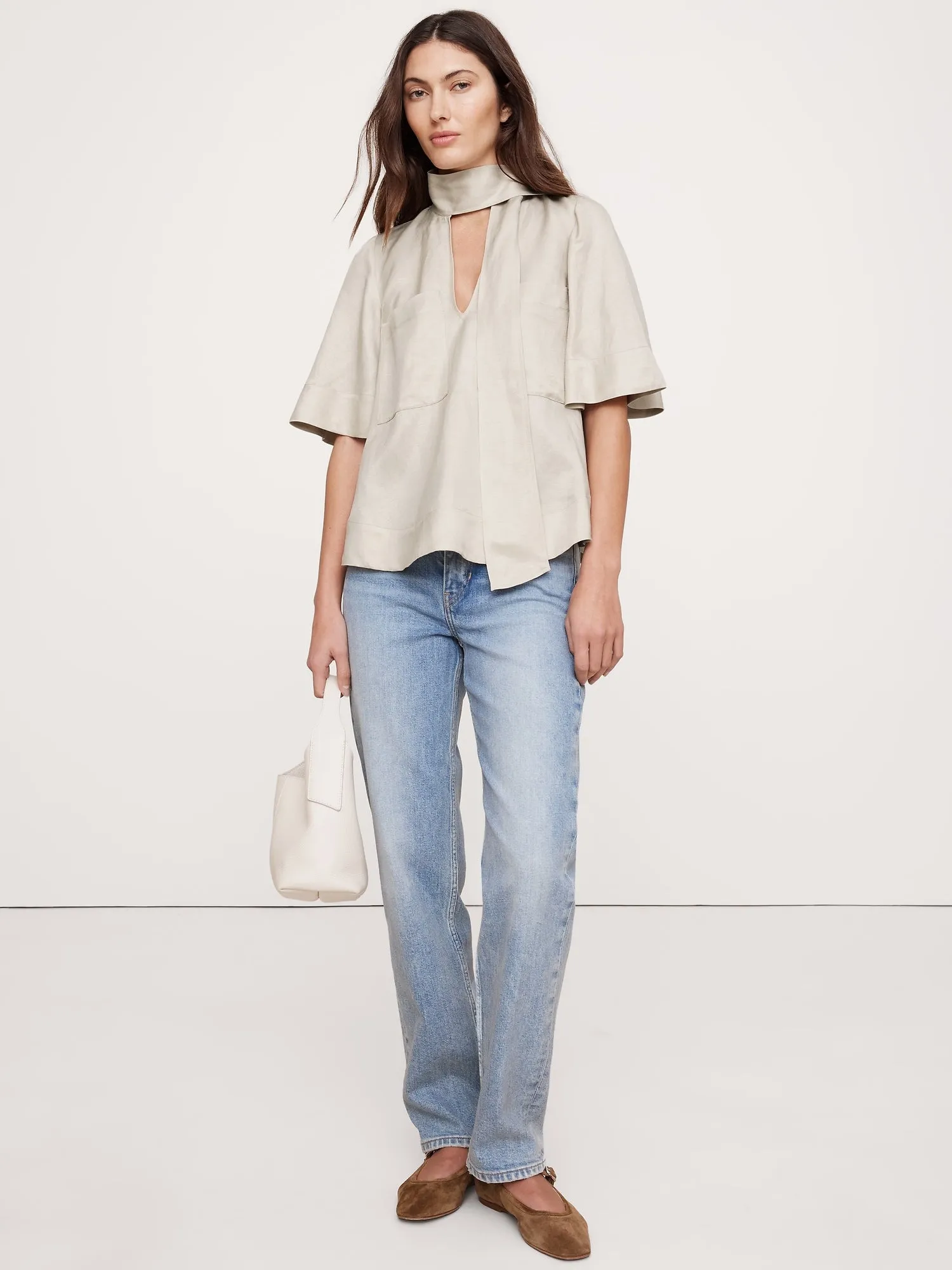 Viscose-Linen Tie-Neck Top Banana Republic